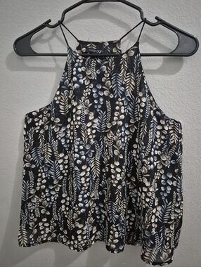 Papermoon Black Floral Halter Tank with Cream and Light Gray Leaves